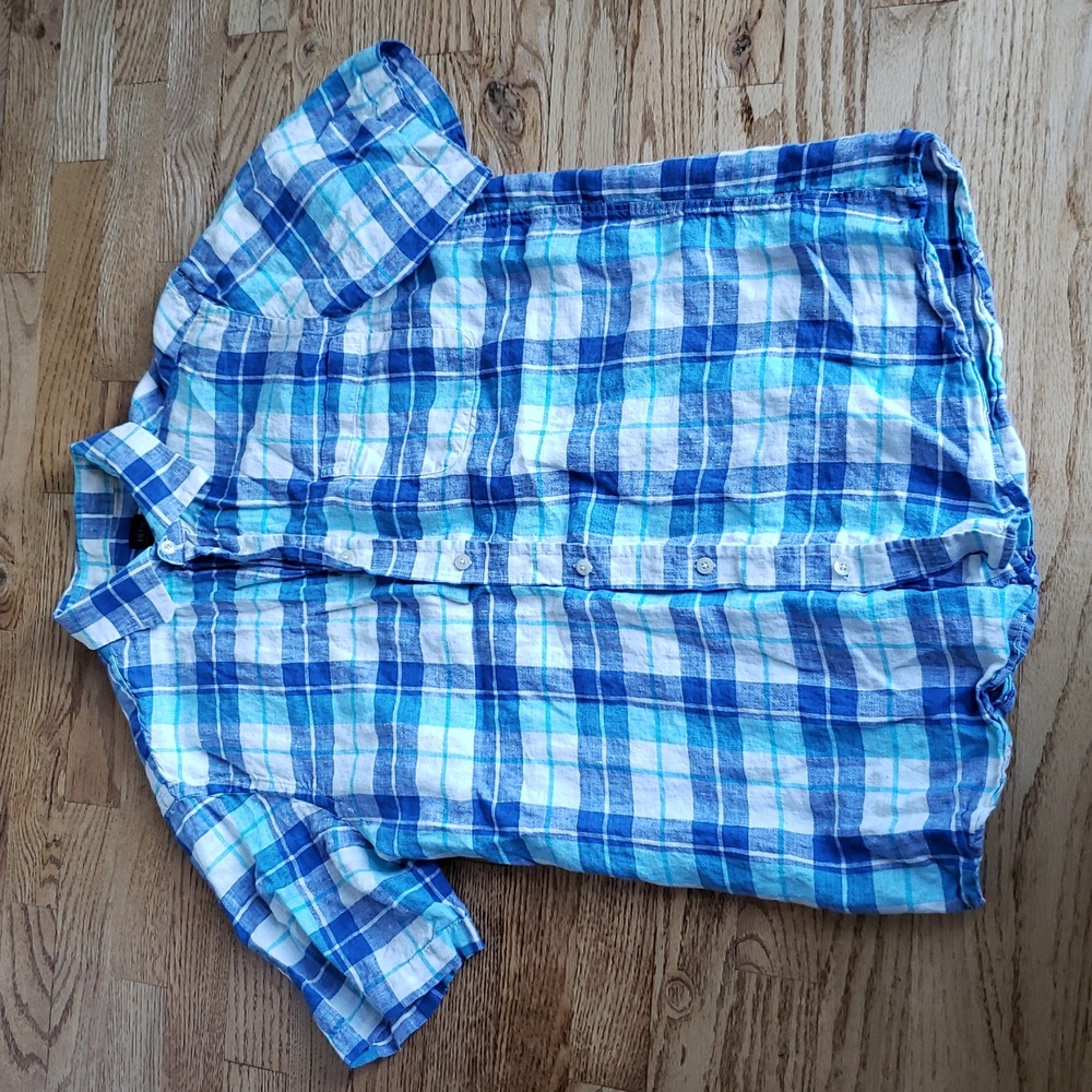 (M) BLUE Saks Fith Avenue Plaid Shirt Casual Cottagecore Vacation Travel Linen